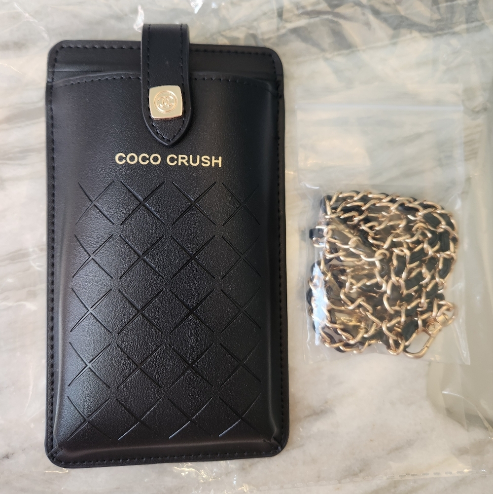 New Black Coco Crush Phone & Card Case with Gold Chain (GWP) Chanel